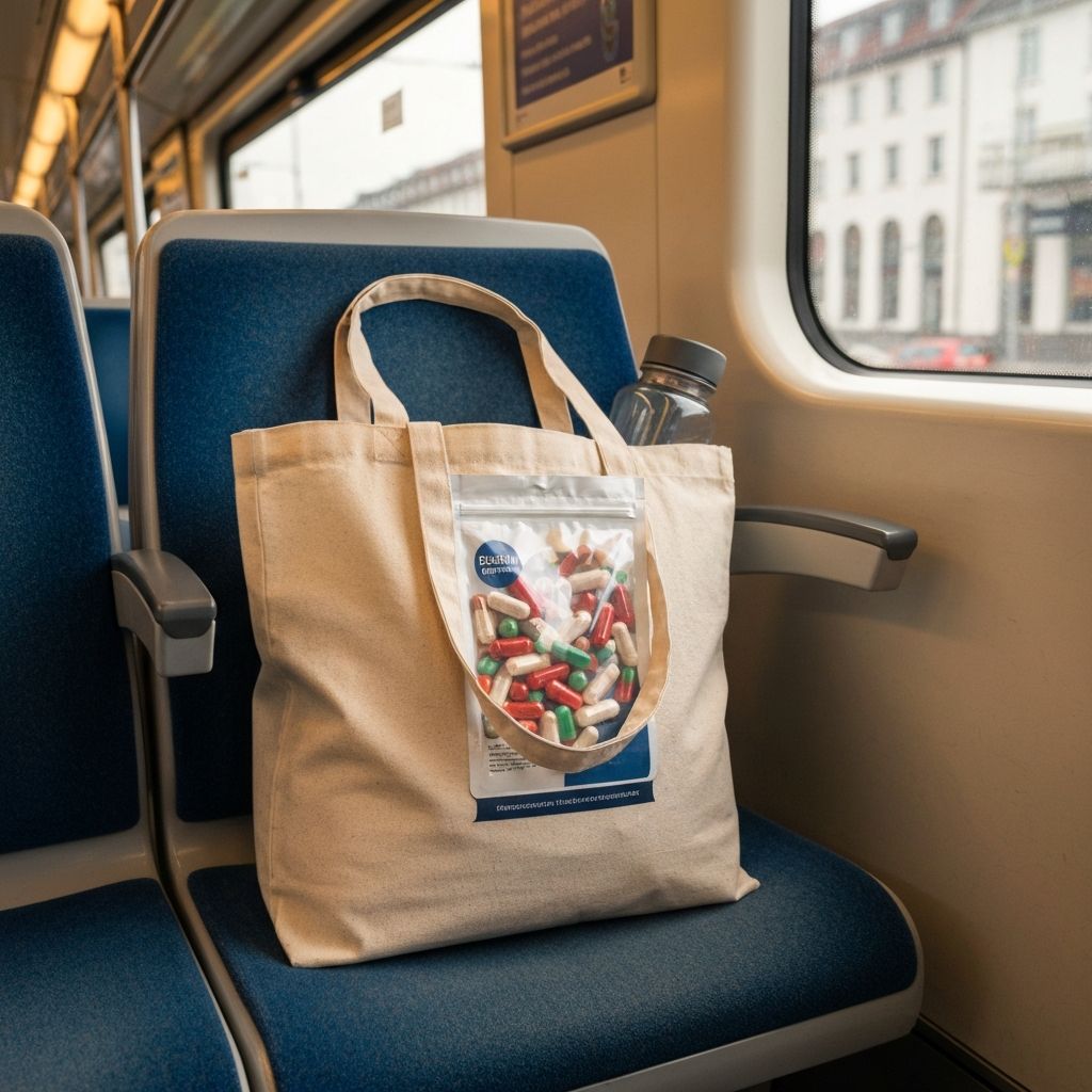 Tasche mit Supplement-Beutel und Wasserflasche im Zug